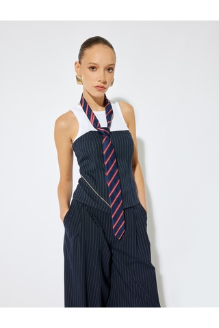 Koton Koton X Sima Tarkan - Asimetrik Fermuar Detaylı Straplez Üst Lacivert Çizgili 5wak30003pw 7s2