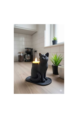 Siyah Mozaik Dekoratif Kedi Biblo Led Mumlu Şık Ev Ofis Masaüstü Mumluk Led Mum Hediye 14 X 12