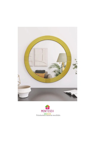 Safir Gold Dekoratif Ayna Yuvarlak Işlemeli Duvar Aynası 43 Cm Altın