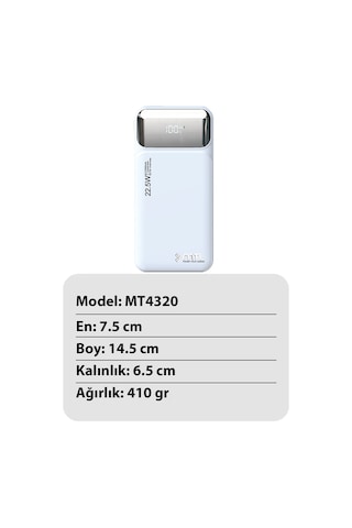 20000 Mah 22.5w Süper Hızlı Şarj Dahili Kablolu Dijital Led Göstergeli Pd Ve Qc 3.0 Powerbank Mt4320 Beyaz