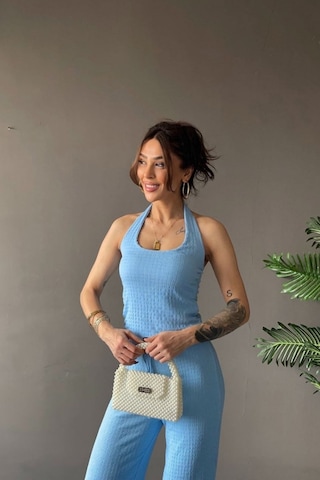 Vadon 1010 Kadın Bürümcük Dokulu Halter Yaka Crop Atlet Bol Paça Pantolon Takım Bebe Mavi
