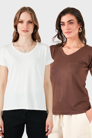 Lela V Yaka Relaxed Fit Yırtmaç Detaylı 2'Li Paket Bayan Bluz 5862000S2 Ekru-Kahve