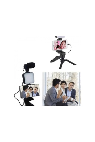Led Işıklı Telefon Video Çekim Kiti Mini Tripod Mikrofonlu Bluetooth Kumandalı Vlog Seti