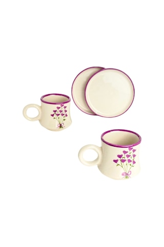 2 Li Takım Mor Kalp Buketi El Yapımı Kazan Seramik Kahve Fincanı, Kahve Fincanı, Hand Made Beyaz