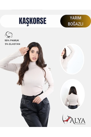 Alya Underwear Kaşkorse Yarım Boğaz Body Sweatshirt, Fitilli Kumaş, Likralı, Bordo Bej Kemik