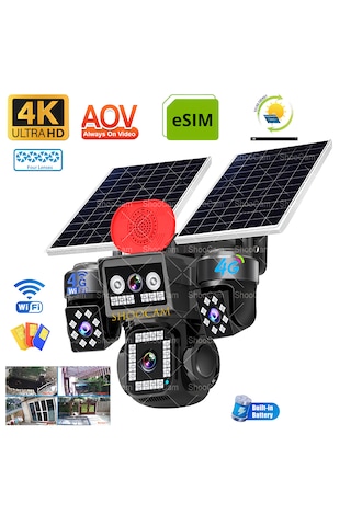 4 Lensli Aov 4k Güneş Enerjili Güvenlik Kamerası, Esım Destekli, Sım 4g Bağlantılı, Dahili Bataryalı, 16w Solar Panel