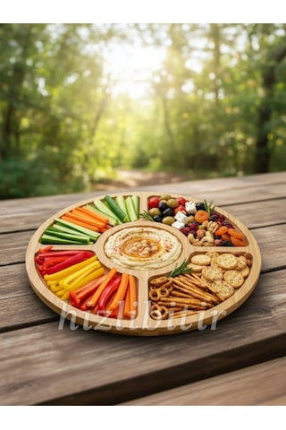 Mybru Bambu Yuvarlak 360 Derece Dönebilen 5 Bölmeli Sunum Tabağı Servis Tabağı Sunum Tepsisi 30 Cm Kahverengi