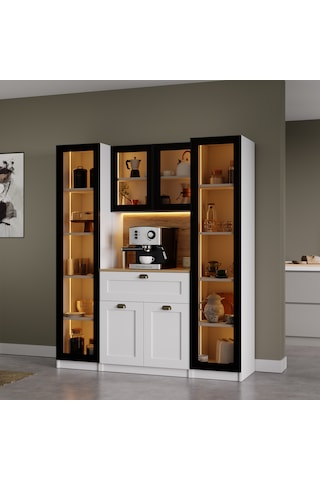 Nero Duo Kahve Köşesi Ve Kiler Dolabı Alüminyum Çerçeveli Cam Kapaklı Led Aydınlatmalı 190 X 160 Cm Beyaz