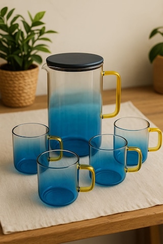 Qerhome Borosilikat Cam Sürahi Takımı 4 Bardaklı Bluora Bardaklı Sürahi 2100 Ml & 300 Ml