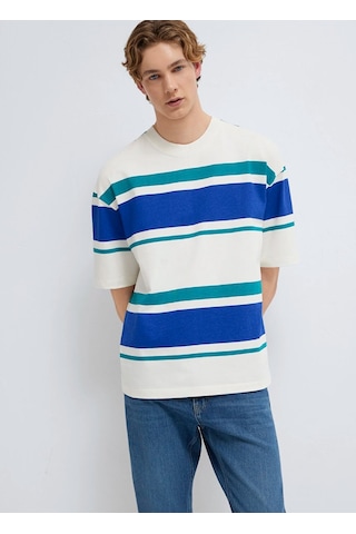 Mavi M0613331-70057 Basic Çizgili Tişört Loose Fit Tişört Erkek T-shirt Beyaz