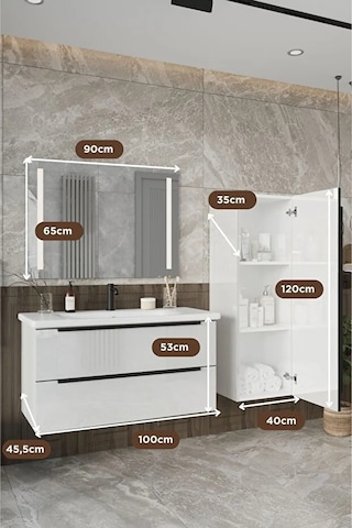 Banyo Kadife Beyaz Parlak Hıgh Gloss %100 Mdf 100 Cm Banyo Dolabı Ledli Aynalı Üst Dolap Boy Dolabı Beyaz