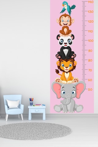 Sevimli Safari Hayvanları Boy Ölçüm Cetveli Boy Ölçer Sticker Pembe
