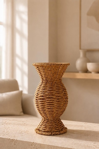Örgü Rattan Dekoratif Vazo Bohem Hasır Çiçeklik Ve Salon Dekoru Kahverengi