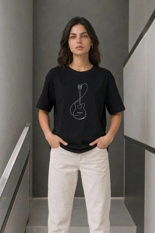 Modi Minimal Gitar Baskılı Tişört T-shirt Yazlık Kısa Kol Bisiklet Yaka T-shirt - Siyah Açık Siyah