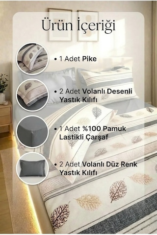 %100 Pamuk Pike Takımı 6 Parça Lastikli Çarşaflı Mor Desenli Çift Kişilik Gri