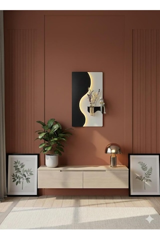 Manolya Ahşap Pilli Ledli İskandinav Tarzı Salon Duvar Rafı Modern Çiçeklik 40 X 70 Cm Çok Renkli
