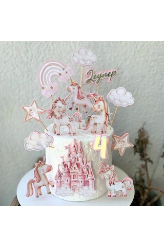 Unicorn Temalı Kız Çocuk Doğum Günü İsme Özel 3d Pasta Süsü Seti Cake Topper Çocuk