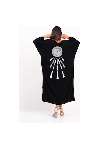 Keyifli Moda Kadın Siyah V Yaka Sırtı Ve Göğsü Tüy Nakışlı Cepli Oversize Uzun Gömlek Elbise - Sıyah Siyah