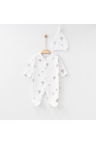 O'baby Balon Baskılı Tulum %100 Organik Pamuk 0 3-3 6 Ay Unisex Beyaz