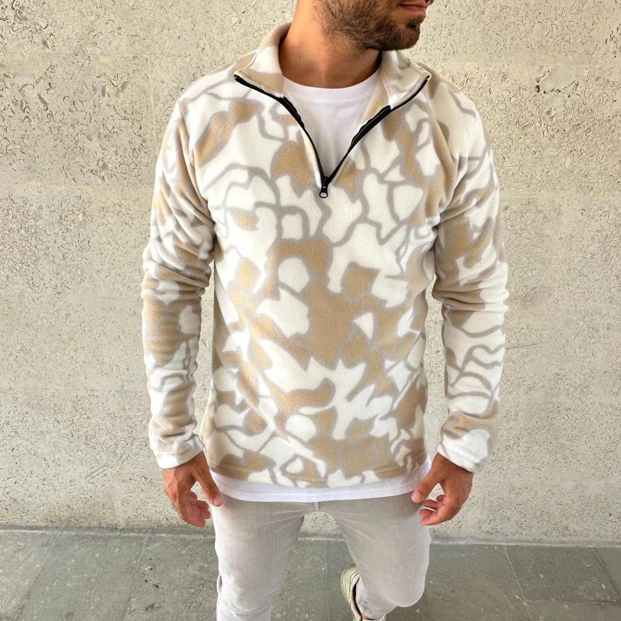 Erkek Yarım Fermuarlı Desenli Polar Sweat Yakalı, Uzun Kollu, Oversize Rahat Kalıp - Bej Bej