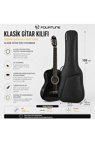 Fourtune Luca Siyah Klasik Gitar Kılıfı Kalın Taşıma Çantası Eğitim Metodu Hediye