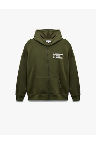 Koton Şardonlu Kanguru Cepli Arkası Baskılı Fermuarlı Kapüşonlu Oversize Sweatshirt Haki 6wal10142ık Haki