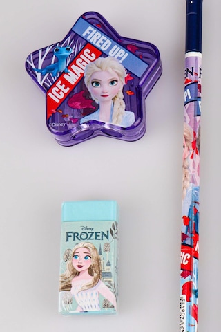 Lisanslı Elsa Frozen 3 Adet Silgili Kurşun Kalem,yıldız Kalemtraş Ve Silgi Seti Ahşap