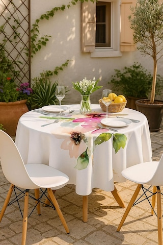Yuvarlak Pastel Çiçek Desenli Duck Kumaş Masa Örtüsü 150x150 Cm Çok Renkli