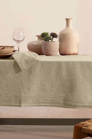 Vivamaison Yıkanmış Pamuk Keten Vizon Renk Masa Örtüsü