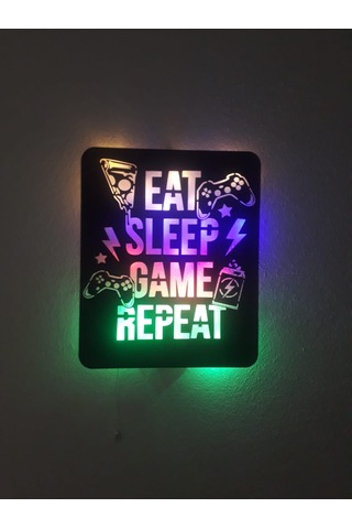 Oyun Odasının Kalbi - Eat Sleep Game Repeat Gamer Işıklı Duvar Dekorasyonu 40x30 Cm