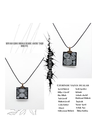 Siyah Çok Dualı Kare Akik Taşı Kolye Siyah
