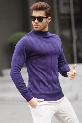 Madmext Lacivert Slim Fit Yarım Balıkçı Yaka Çizgili Tüylenmeyen Erkek Triko Kazak 6344 Lacivert