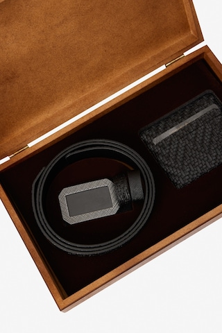 AC&Co / Altınyıldız Classics Erkek Siyah Özel Ahşap Hediye Kutulu Kemer - Kartlık Aksesuar Set Damat Bohçası Siyah