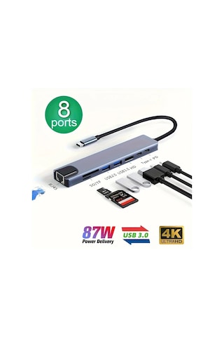 Boatshop1 8'li 1 Arada Hub Usb C Hub 87w Güç Dağıtımı Ethernet Usb 30 Sd Tf Kart Okuyucu 4k Ultra Hd Fare Klavye Yazıcı Bağlantı