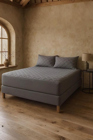 Yatak Ve Yastık Alezi Seti Pamuklu Kapitone Fitted Full Kenar Sıvı Geçirmez Yatak Koruyucu Gri Gri