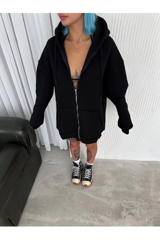 Barlashive Kadın Tam Fermuarlı Cepli Kapüşonlu 3 İplik Pamuklu Hoodie Sweatshirt - Siyah Çok Renkli
