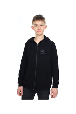 Toontoy Kids Toontoy Erkek Çocuk Kapüşonlu Fermuarlı Cepli Düşük Omuz Baskılı Reglan Kol Örme Hırka - 3 İplik Şardonsuz Siyah