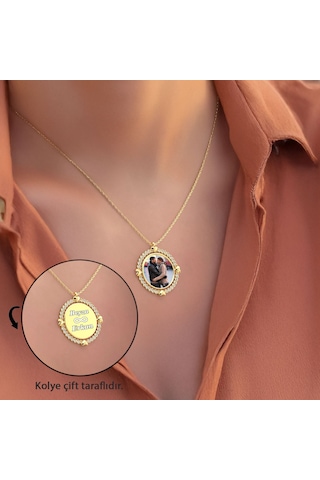 İndigo Takı Işıklı Kutuda İsimli Fotoğraflı Dönen Çerçeve Gümüş Kolye Gold