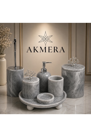 Lüks Gri Mermer Top Ayaklı 7 Parça Banyo Seti Gri - Beyaz