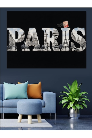 Eskitme Duvar Üzerine Paris Yazısı Dekoratif Kanvas - Mdf Ahşap Tablo
