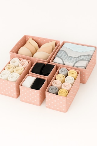 Serstil 6'lı Çekmece Içi Düzenleyici Organizer Set - Çok Amaçlı Dolap Içi Kutu Seti - Pembe Benekli Pembe Puantiye