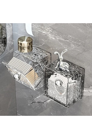 Skycity Banyo Duvarlı Dolap: Toz Koruyucu Kapağıyla Makyaj Pamukları, Konsept İçin Taşınabilir 1l Depolama Kutusu Transparan Gri Gümüş + Tavşan Diğer