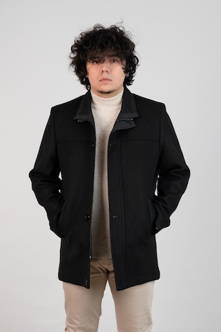 Yakalı Klasik Kesim Fermuarlı Kaşe Erkek Kaban Siyah