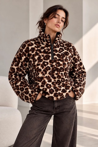 Bbbutikbasic Dik Yaka Yarım Fermuarlı Desenli Polar Sweatshirt My3535 Kahverengi Leopar