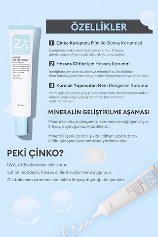 Missha A'PIEU Cicative Zinc Sun Cream SPF50+/PA++++ Çinko İçerikli Mineral Güneş Koruyucu SPF50+/PA++++ 40 G