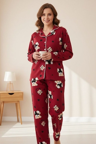 Miniğimin Cicileri Ayıcık Kalp Desenli Süet Anne Pijama Takımı - Bordo