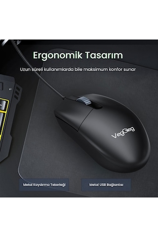Veggieg VG-G005 Optik 3 Tuşlu Sağ Ve Sol Elle Kullanıma Uygun Usb Kablolu Mouse