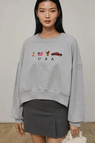 Hiccup İşlemeli Yuvarlak Yaka Sweatshirt Açık Gri