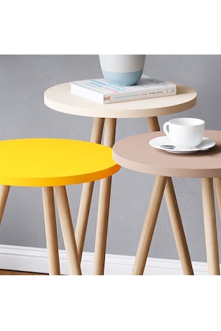 Renkli Üçlü Zigon Sehpa Ahşap Ayaklı Yuvarlak Pastel Tasarım Sarı Krem Cappuccino