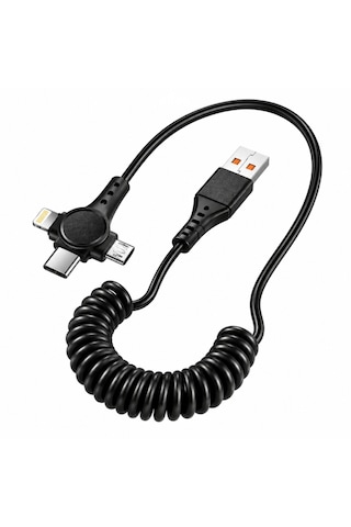 Alfais 6047 Usb Hızlı Telefon Data Şarj Kablosu 120w 3in1 Spiral Yaylı Type C Micro Lightning Veri
